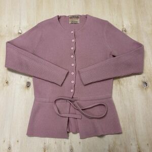 Vintage Junior House Sweater Cardigan Women Medium Pink Acrylic Belted Hong Kong